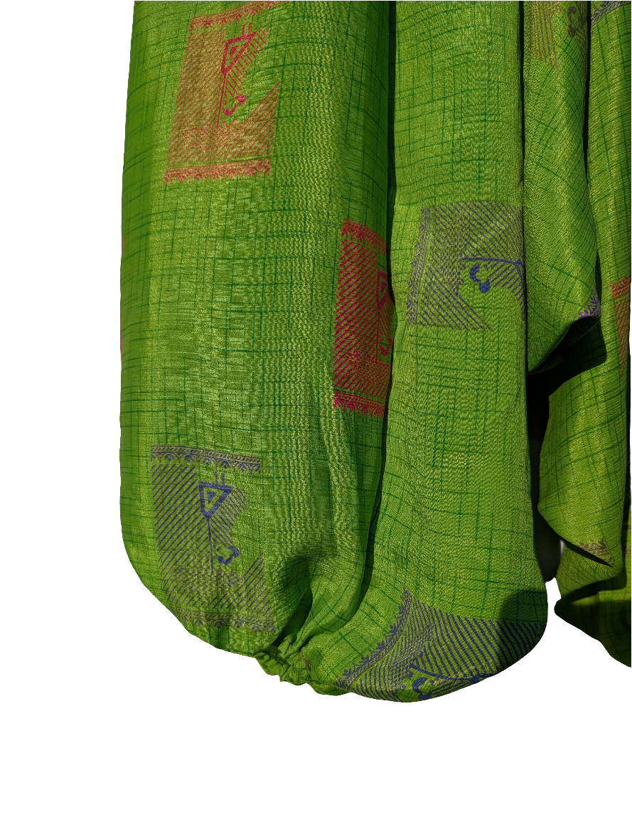 Green Upcycled Indian Silk Saree, harem pants / trousers