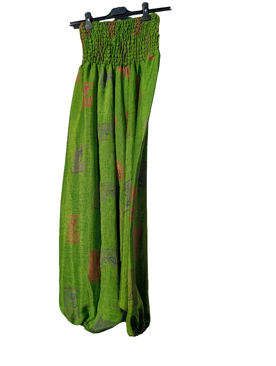 Green Upcycled Indian Silk Saree, harem pants / trousers