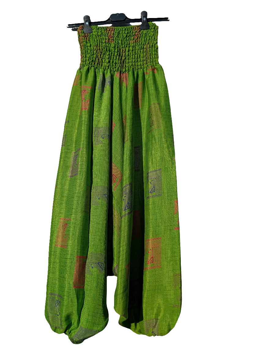 Green Upcycled Indian Silk Saree, harem pants / trousers