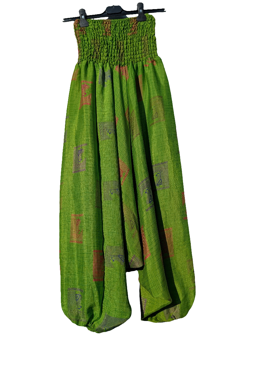 Green Upcycled Indian Silk Saree, harem pants / trousers