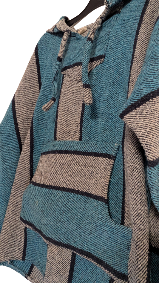 Mexican Baja Hoodie, blue striped, hood and front pouch.