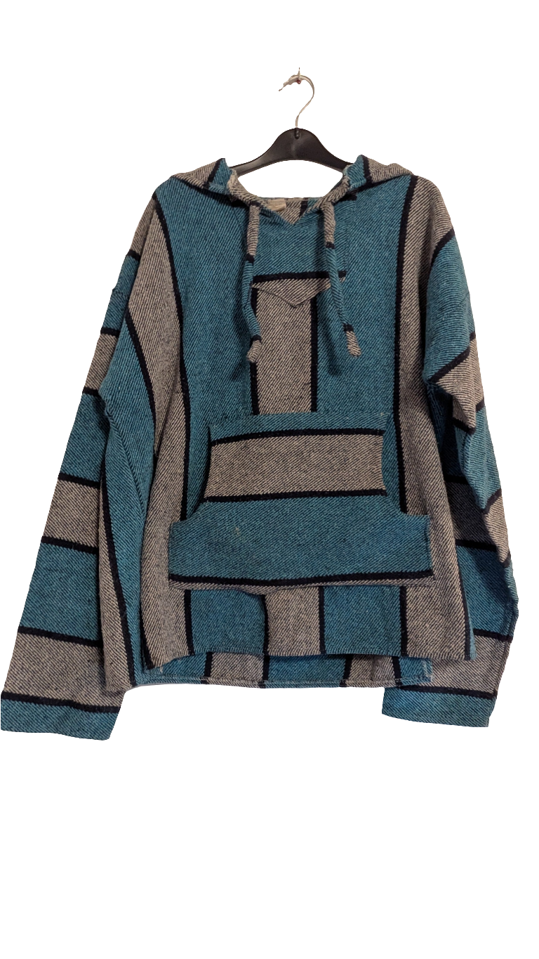 Mexican Baja Hoodie, blue striped, hood and front pouch.