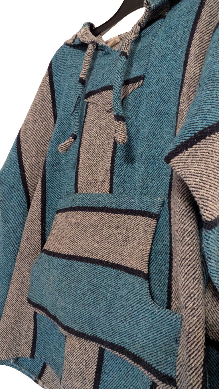 Mexican Baja Hoodie, blue striped, hood and front pouch.