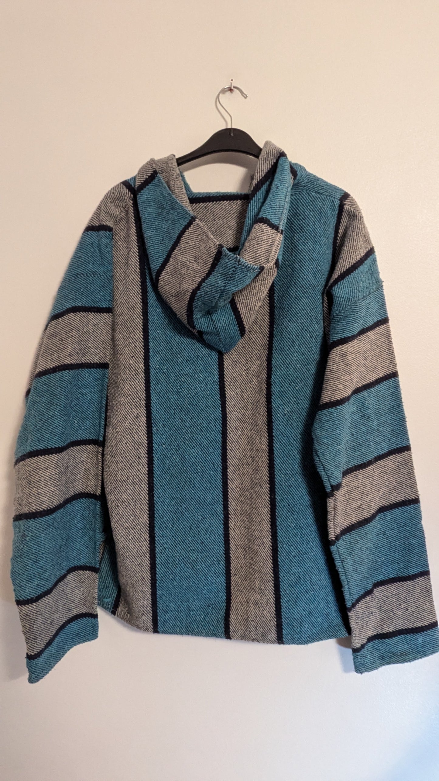 Mexican Baja Hoodie, blue striped, hood and front pouch.