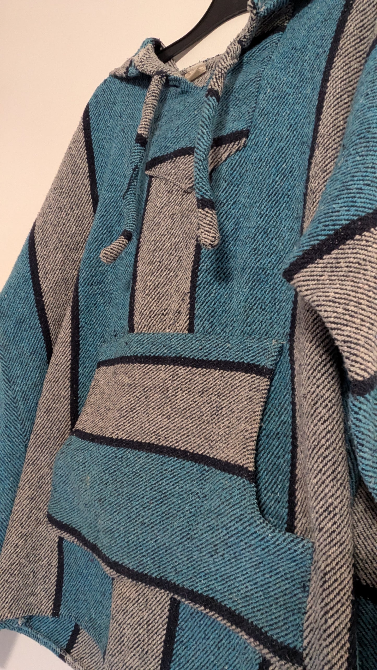 Mexican Baja Hoodie, blue striped, hood and front pouch.