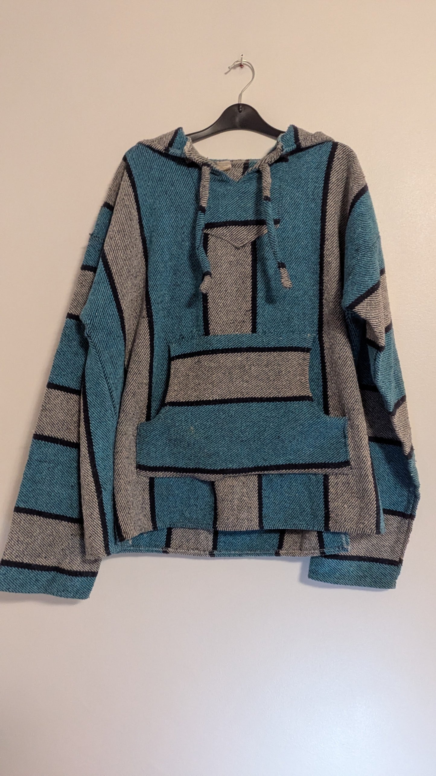 Mexican Baja Hoodie, blue striped, hood and front pouch.
